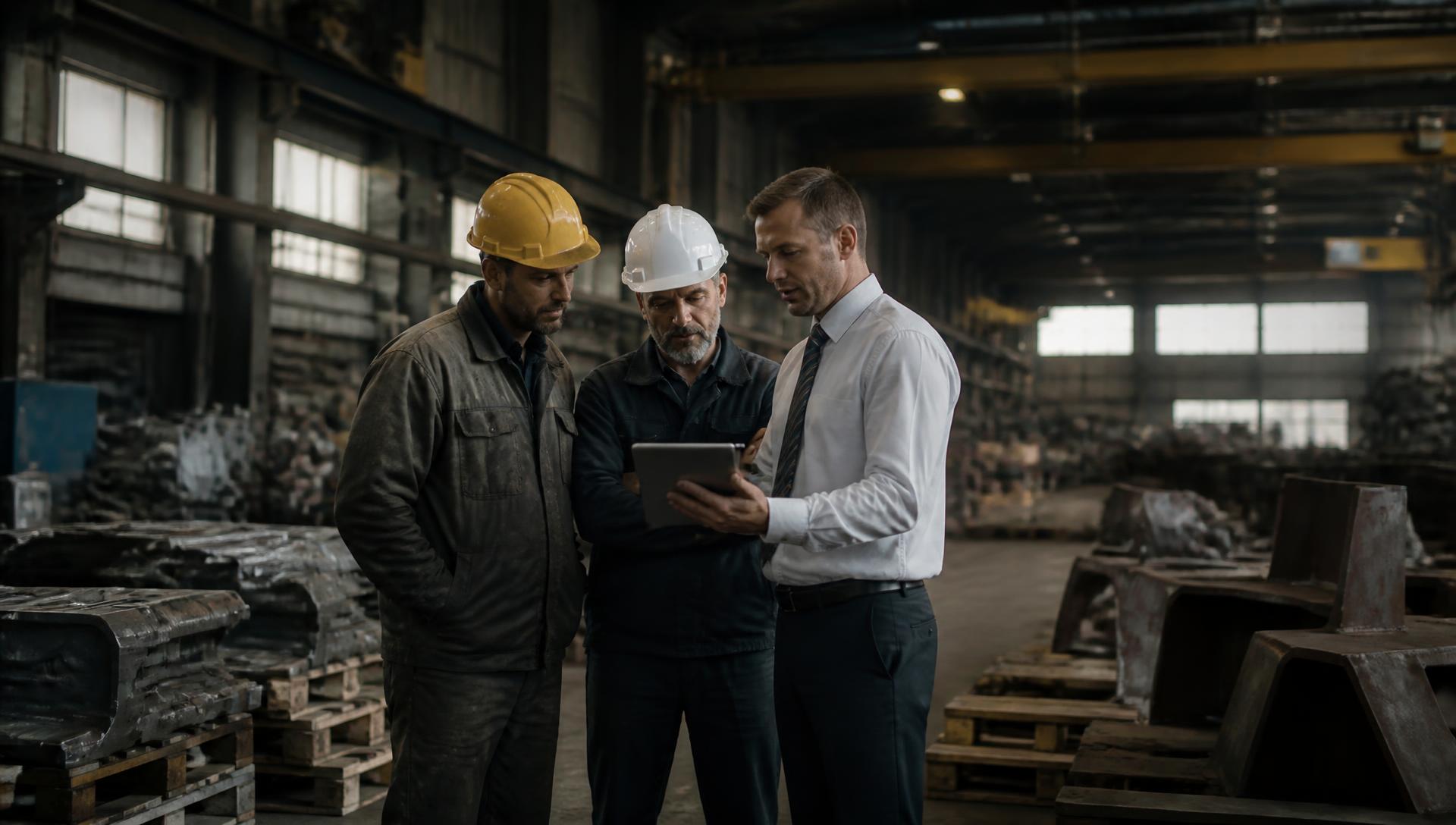 CFO consultant reviewing operations with workers inside an industrial manufacturing plant